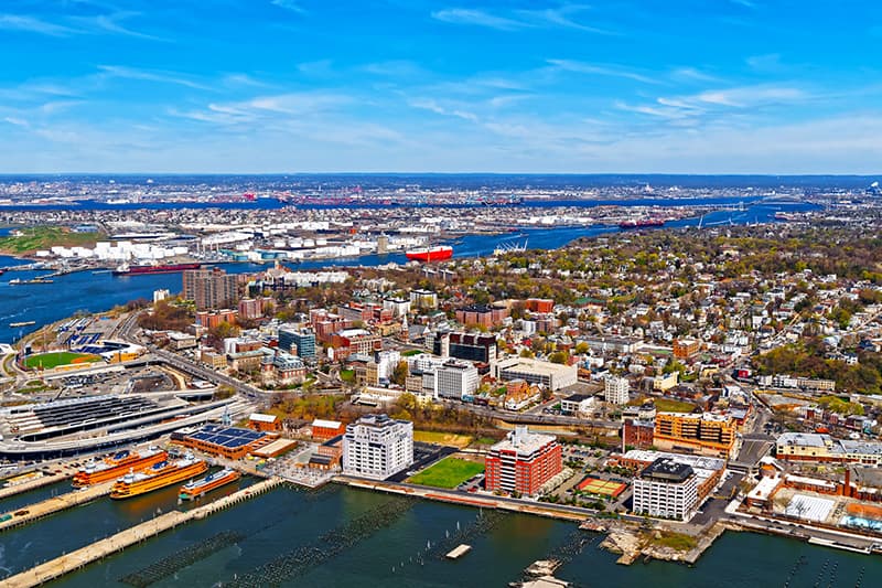 Aerial view of Bergen County, New Jersey, with the Hudson River and Manhattan skyline in the distance
