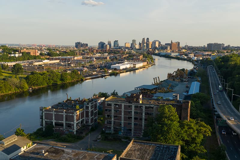 Aerial view along the Passaic River with the Newark skyline in the background